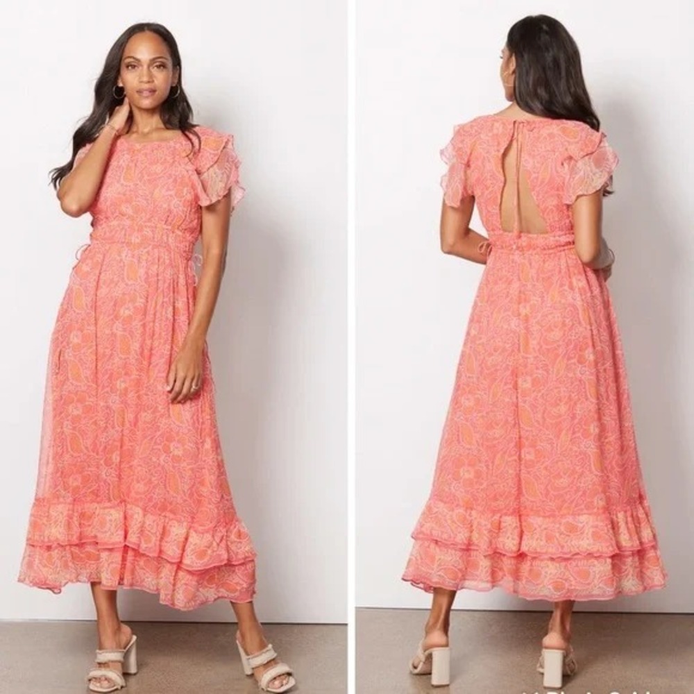 Cleobella Hannah Midi Dress in Blossom Block Print Size Medium Coral Romantic